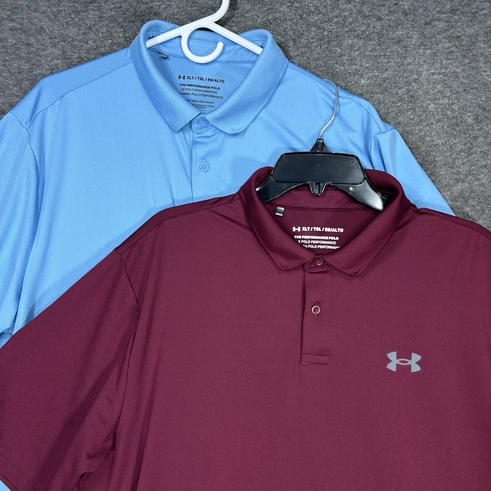 Lot of 2 Under Armour Performance Polo Shirt Mens XLT Blue Burgundy Solid Golf